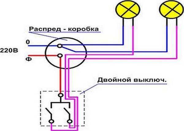 Двухклавишный выключатель и его подключение, схема и фото